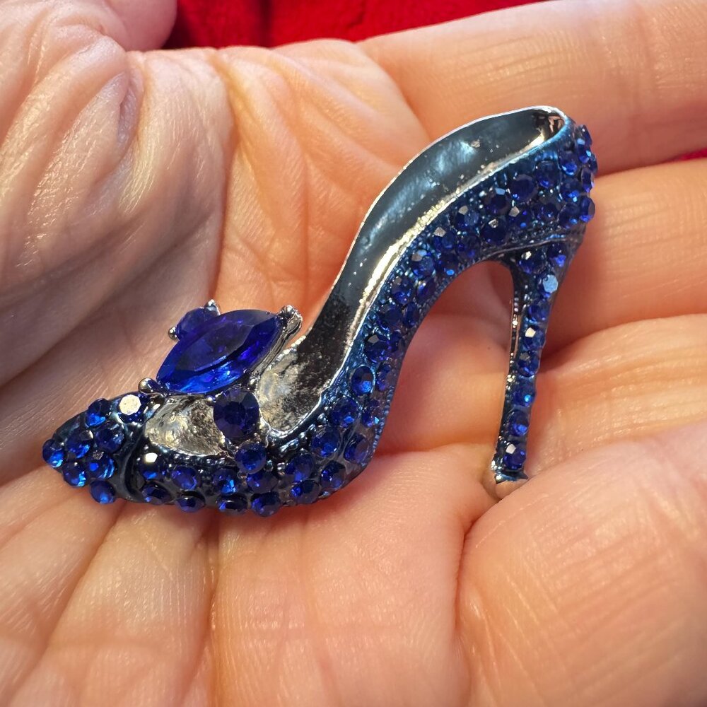 High Heel Brooch Blue Rhinestone Stiletto Shoe Pin Silver Tone 1.5"